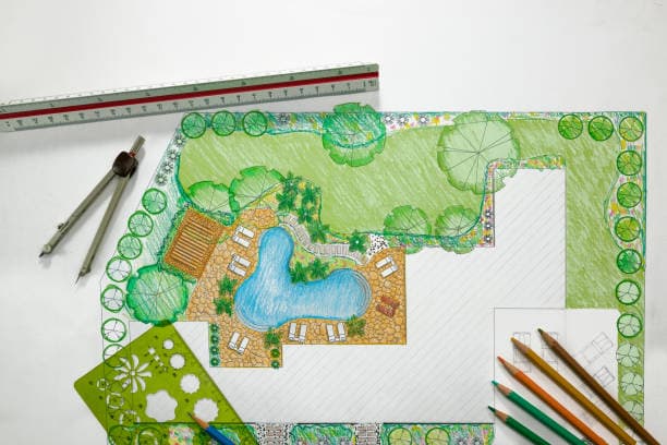 Conceptual landscape design with detailed sketches and drafting tools Conceptual landscape design with detailed sketches and drafting tools