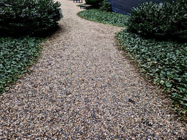 Freshly installed gravel pathway, enhancing the landscape design Freshly installed gravel pathway, enhancing the landscape design