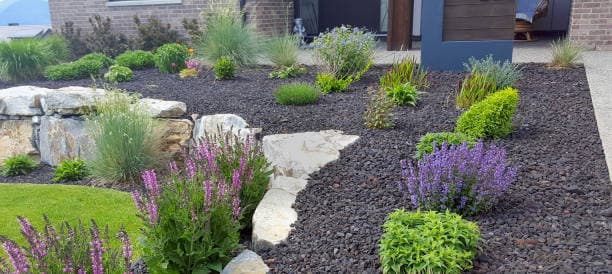 Modern landscape design featuring rock mulch, ornamental plants, and pathways Modern landscape design featuring rock mulch, ornamental plants, and pathways