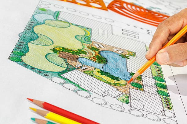 Hand-drawn landscape blueprint featuring pool, greenery, and pathways Hand-drawn landscape blueprint featuring pool, greenery, and pathways