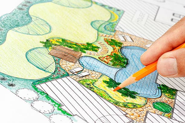 Close-up of a detailed landscape design plan with vibrant elements Close-up of a detailed landscape design plan with vibrant elements