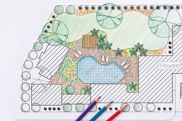 Beautifully designed landscape plan featuring a pool and greenery Beautifully designed landscape plan featuring a pool and greenery