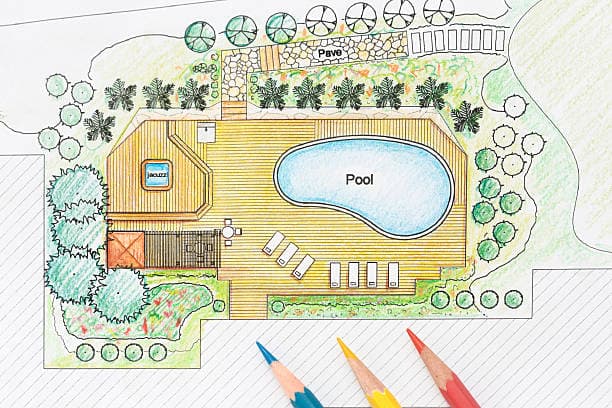Professionally designed poolside layout illustrated by a landscape designer Professionally designed poolside layout illustrated by a landscape designer
