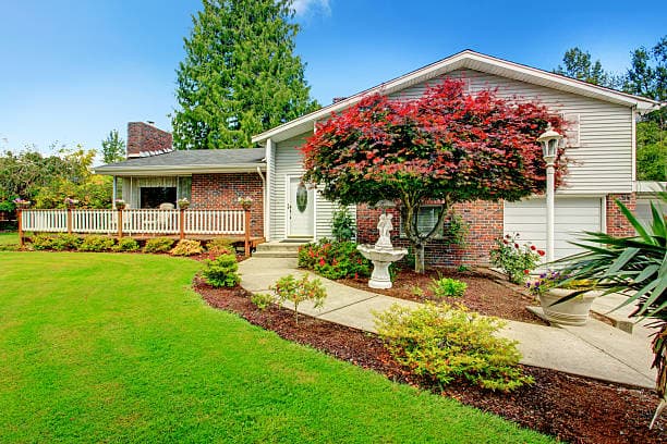 A beautifully landscaped front yard with lush greenery and a manicured lawn A beautifully landscaped front yard with lush greenery and a manicured lawn
