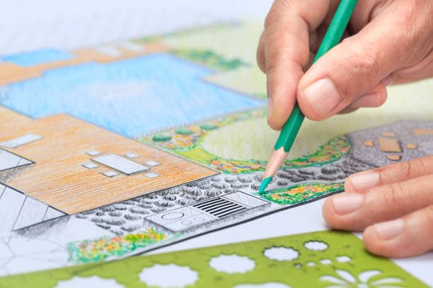 Conceptual landscape design plan sketched by experts with colored pencils Conceptual landscape design plan sketched by experts with colored pencils