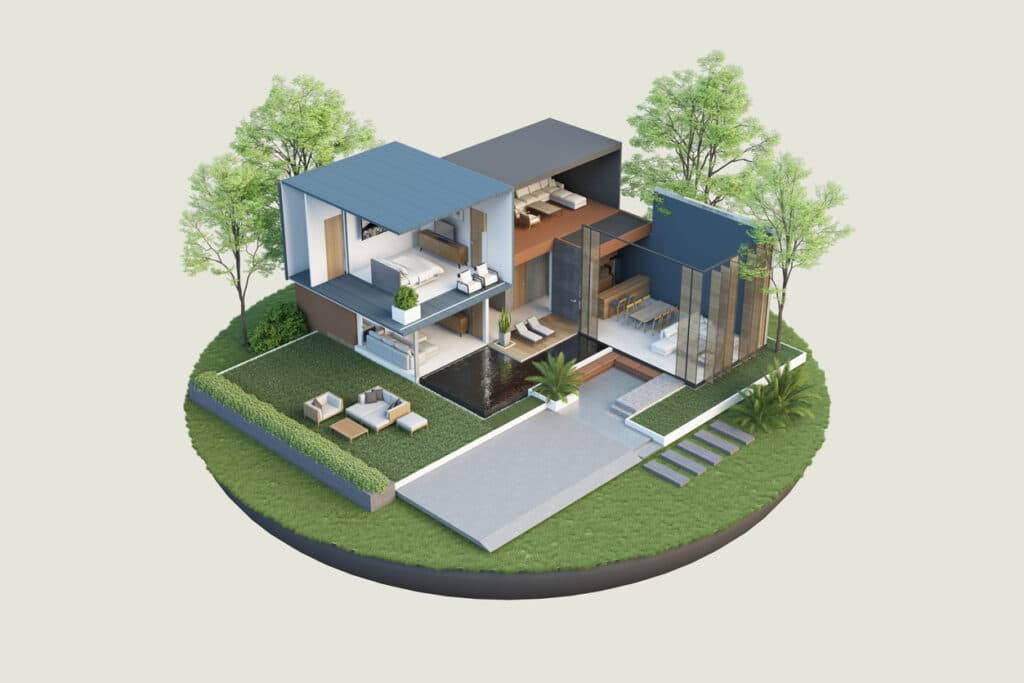 Modern home with 3D landscape modeling and outdoor living area Modern home with 3D landscape modeling and outdoor living area