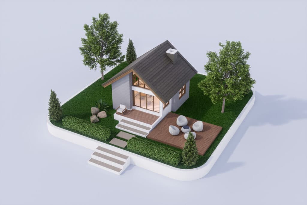 3D rendering of small house with structured landscaping design 3D rendering of small house with structured landscaping design