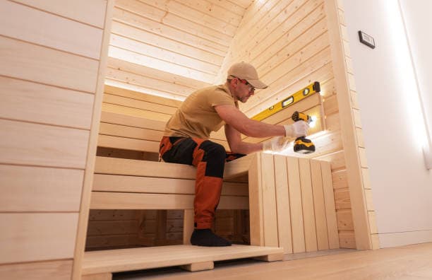 Professional fitting wooden benches as part of built-in seating installation Professional fitting wooden benches as part of built-in seating installation