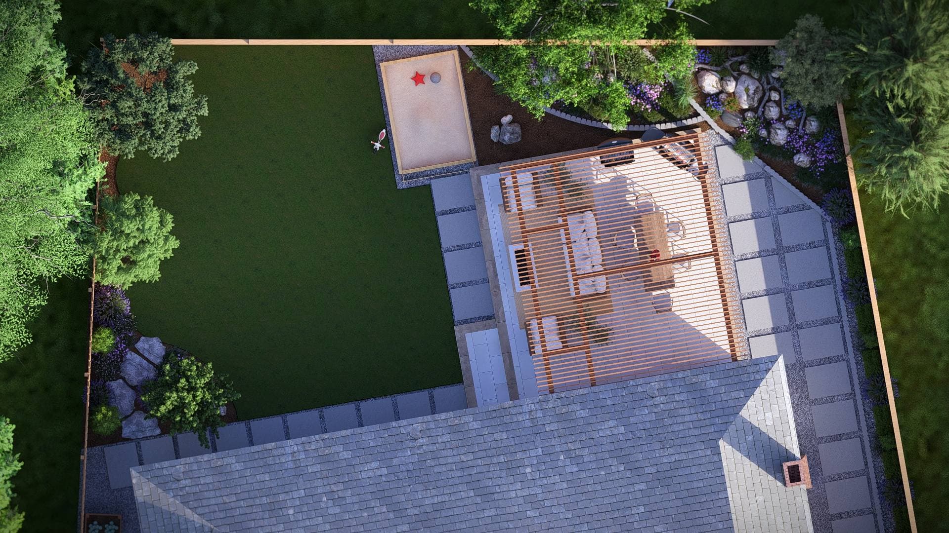 Aerial 3D concept rendering of a complete backyard landscape design