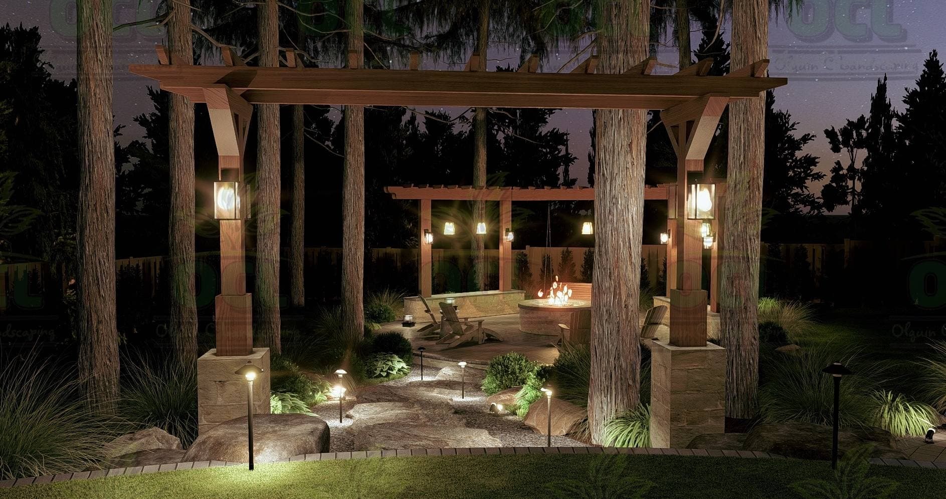 Evening concept rendering of a built-in fire feature beneath a timber pergola