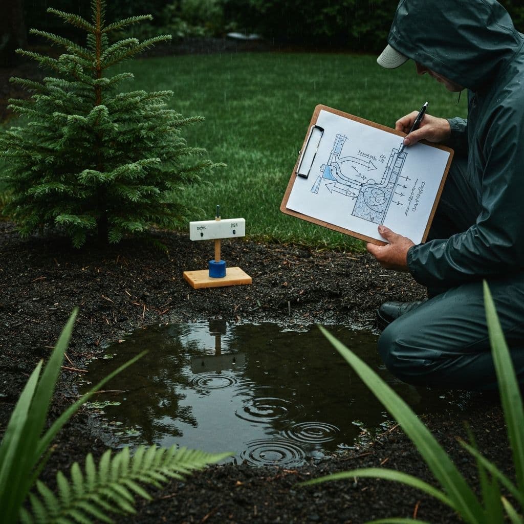 A landscape professional assessing water flow on a Pacific Northwest property during a rain event