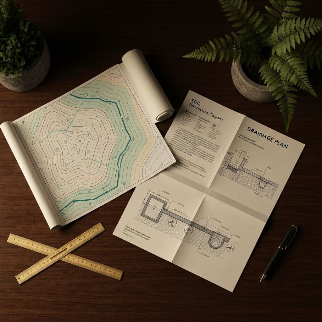 A complete drainage design package: rolled site plan, percolation report, and detail drawings