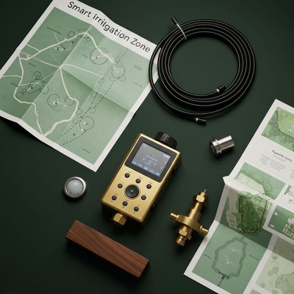 A smart irrigation planning workspace with zone map, controller, drip tubing, and backflow device