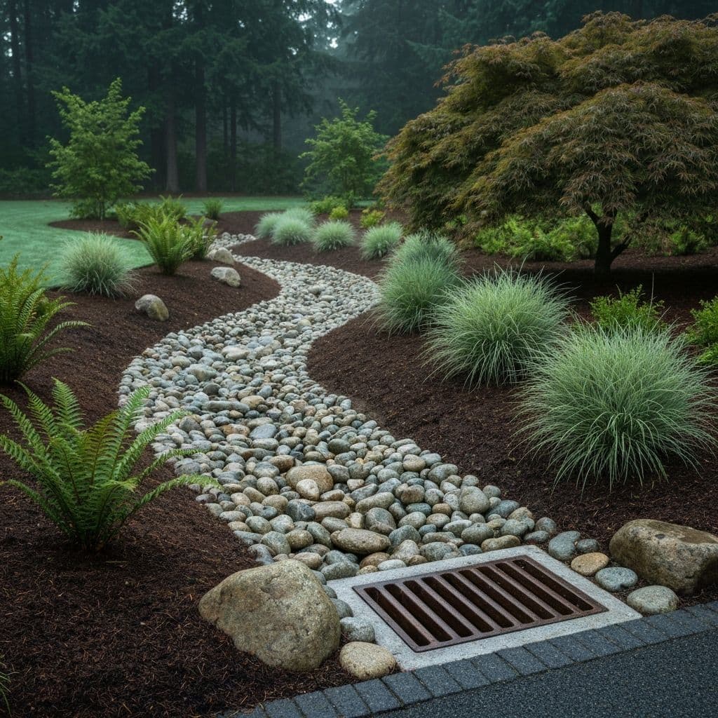 A dry stream bed routing rainwater through a Pacific Northwest landscape with a discrete catch basin at its terminus