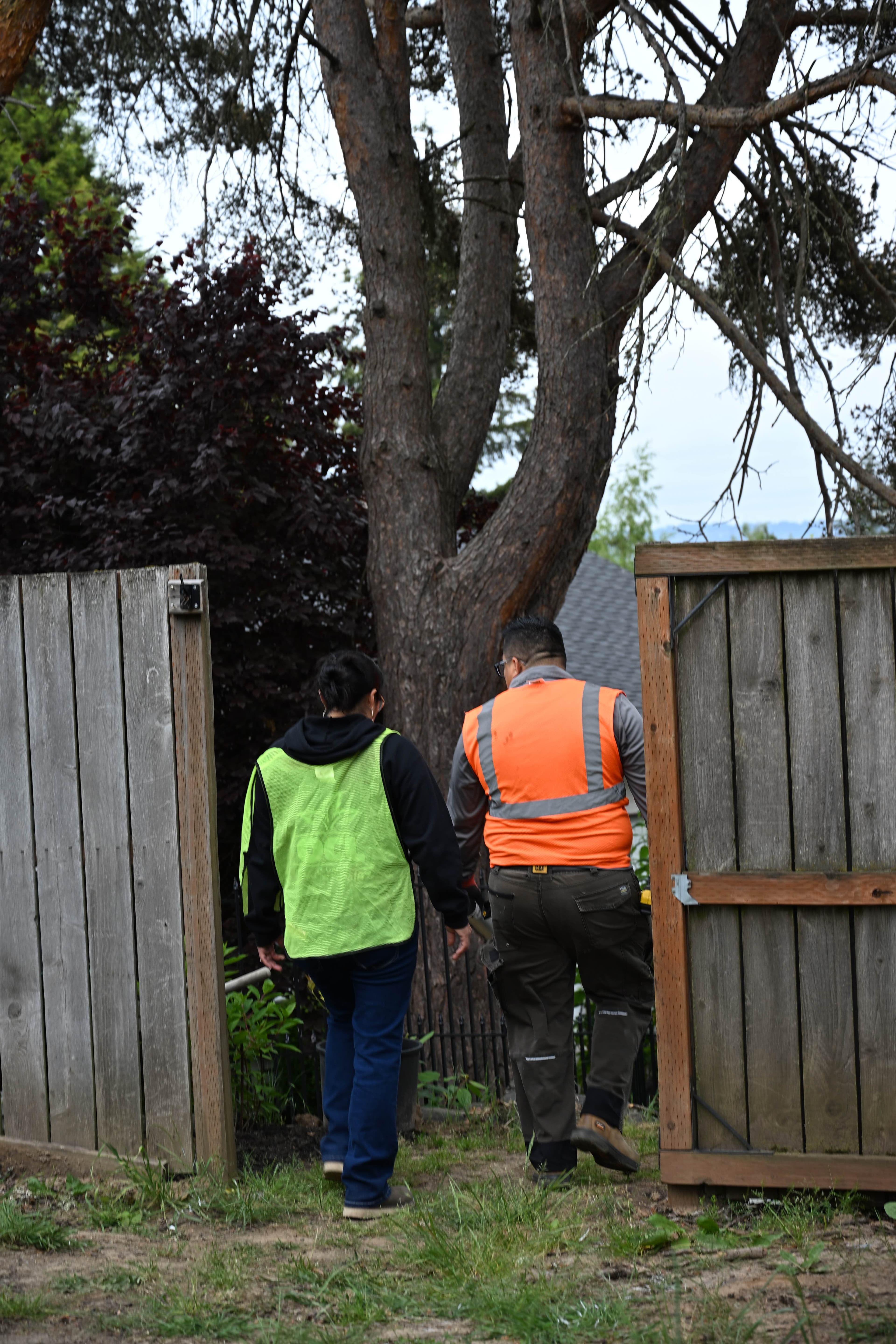 OCL crew walking through an open cedar gate framed by tall fence and gate panels during a fence installation