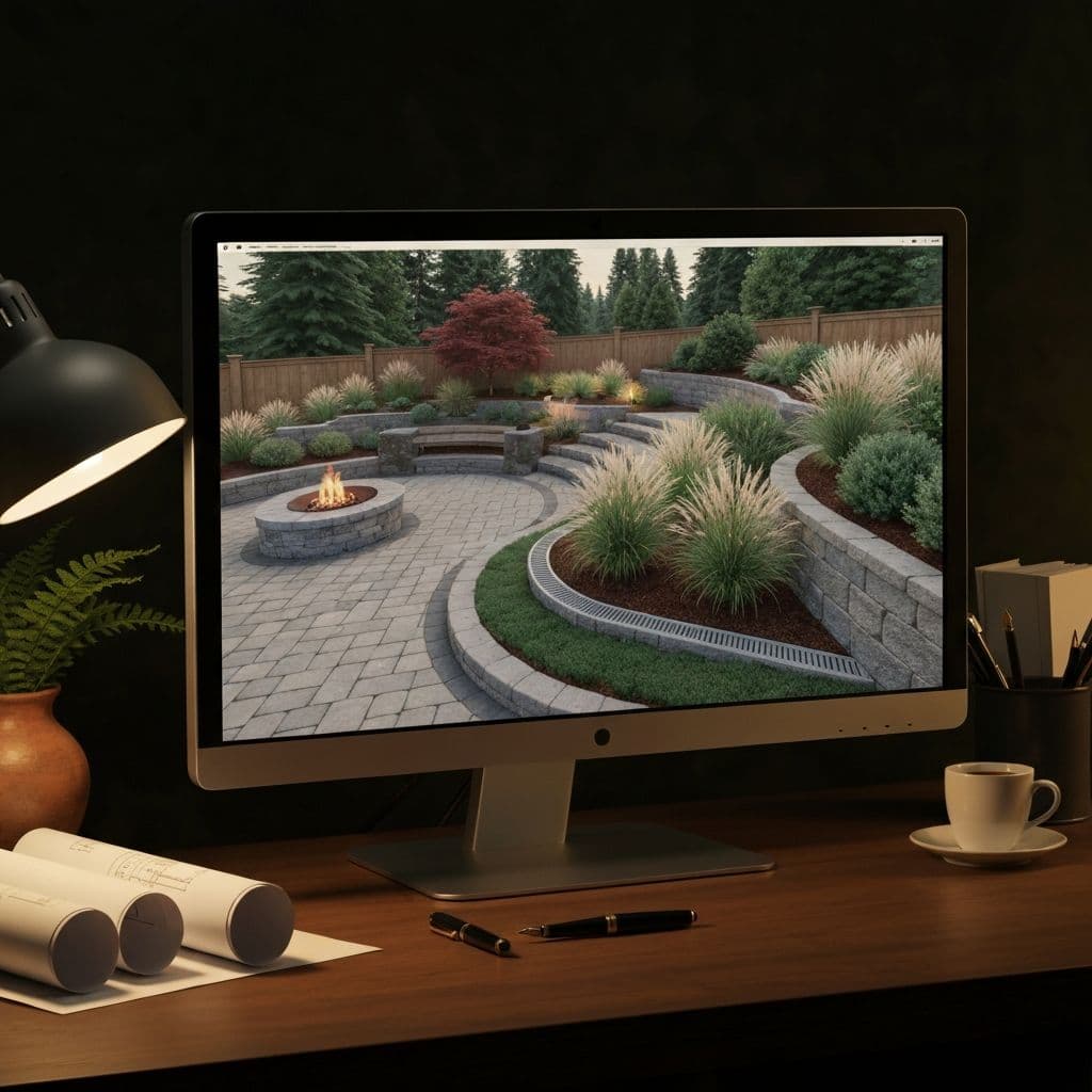 A 3D landscape rendering of a Pacific Northwest backyard on a designer's monitor