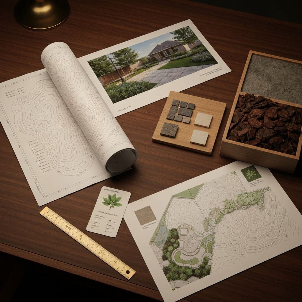 A complete landscape design package: rolled topographic site plan, 3D rendering, and material samples