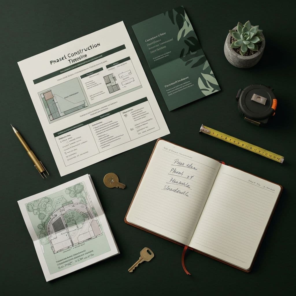 Project management workspace for a landscape build with phasing schedule and permit packet