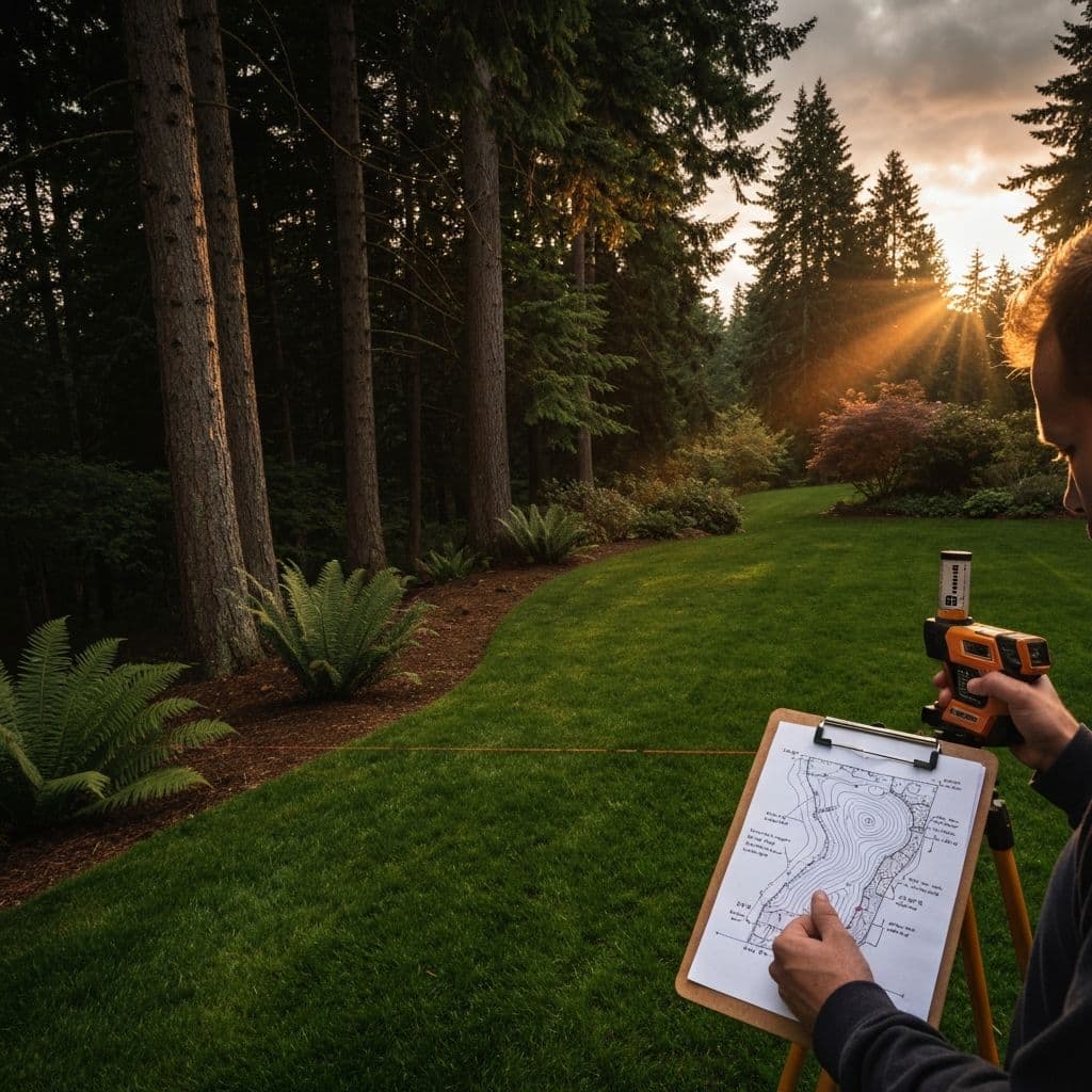 A landscape professional surveying slope and drainage on a Pacific Northwest property